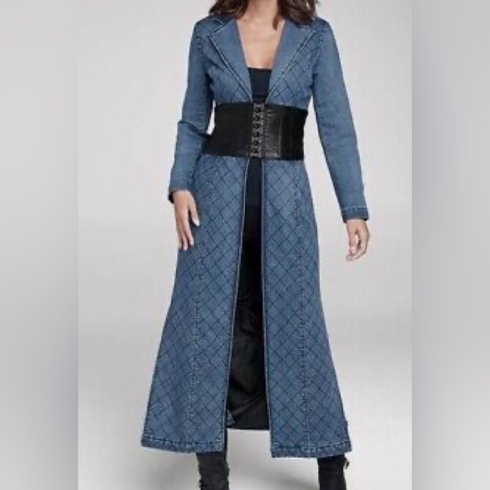 Venus blue denim jeans quilted long maxi jacket.